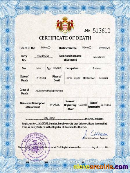 Monaco vital record death certificate